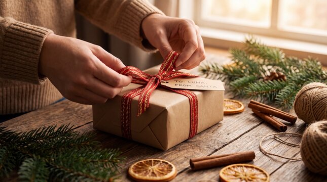 Hands tying a red ribbon on a brown paper gift box on a rustic table with decorated spruce branches hands wrap present paper decorative celebration decoration christmas wrapping seasonal craft