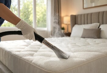 Fototapeta premium Professional cleaner steam sanitizes a white quilted mattress in a bright modern bedroom, emphasizing hygiene, deep cleaning, freshness, comfort, and household wellness.