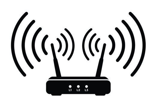 Wireless wifi router icon with dual antennas, black network modem silhouette, internet signal broadcast vector graphic