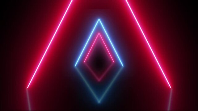 Neon glowing triangle tunnel with light lines on black screen background, vibrant cyan and pink neon diamond tunnel animation, futuristic geometric glowing light animation.4k video