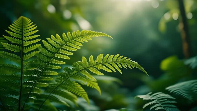 Lush green fern fronds unfurling in sun-dappled forest light with gentle camera drift