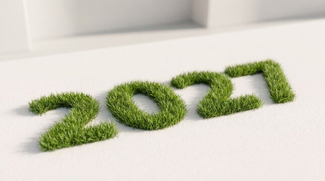 The year 2027 rendered as three dimensional numbers covered in green grass on white ground with white textured surface grass resting plain formed green environment minimalist typography calendar