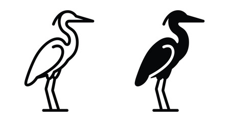 Naklejka premium Heron bird icon set featuring minimalist outline and solid black silhouette designs for nature wildlife and conservation graphic design projects