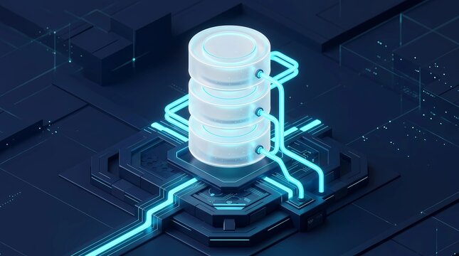3d render of cloud database server cylinder with glowing data cables on dark background
