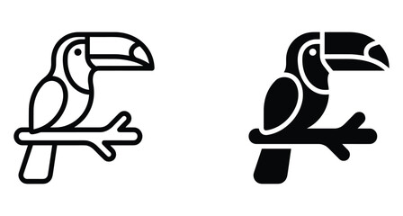 Naklejka premium Toucan bird icon set featuring outline and solid glyph styles perched on a branch for nature wildlife and tropical design