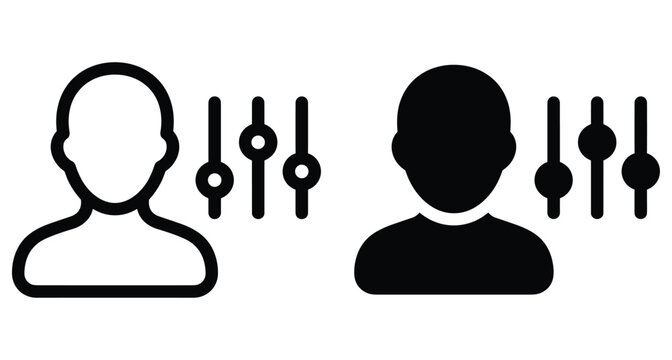 User profile settings icon set with person avatar and adjustment sliders for account customization personalization management interface design elements vector