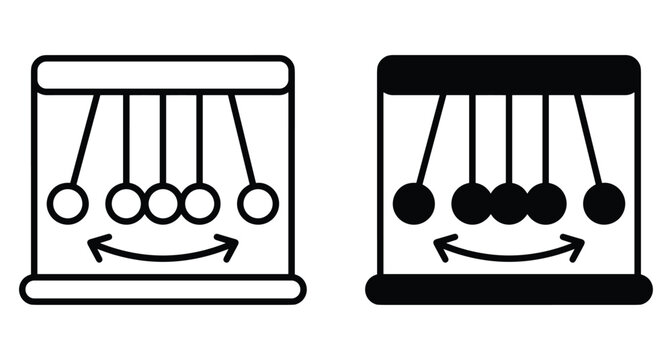 Newton's cradle icon set showing kinetic energy and momentum with swinging metal balls in outline and solid black vector style