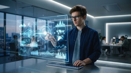 Obraz premium Smart Male Analyst Using Futuristic Holographic Data Display in Office