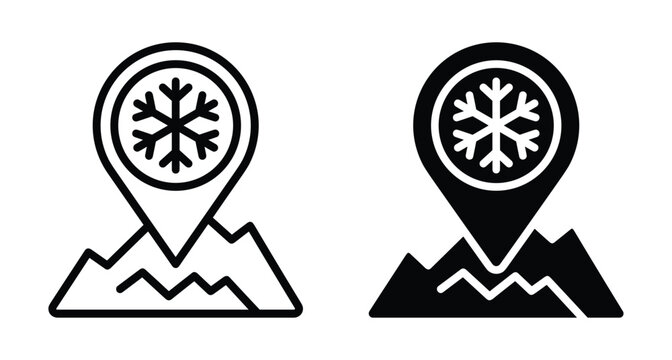 Winter mountain location map pin icon set with snowflake symbol for ski resort navigation travel destination and cold weather tracking