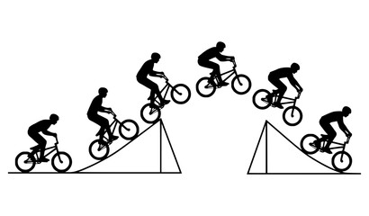 Fototapeta premium BMX Bicycle Stunt Jump Black Silhouette Sequence, Cyclist Ramp Trick Vector Illustration