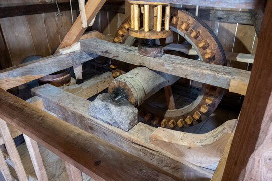 Ancient Wooden Gear Mechanism Inside Historic Viking Mill at Bork Vikingehavn Denmark