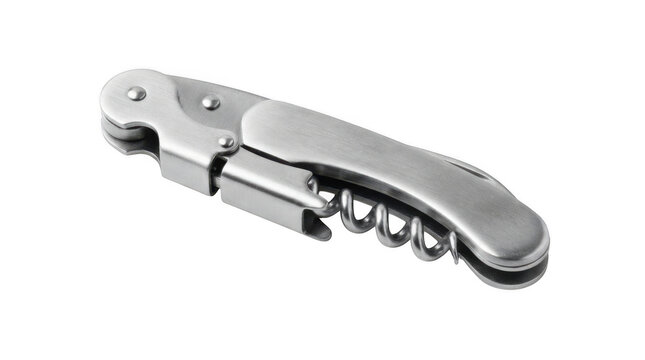 Professional stainless steel waiters corkscrew isolated on transparent background for restaurant supply visuals