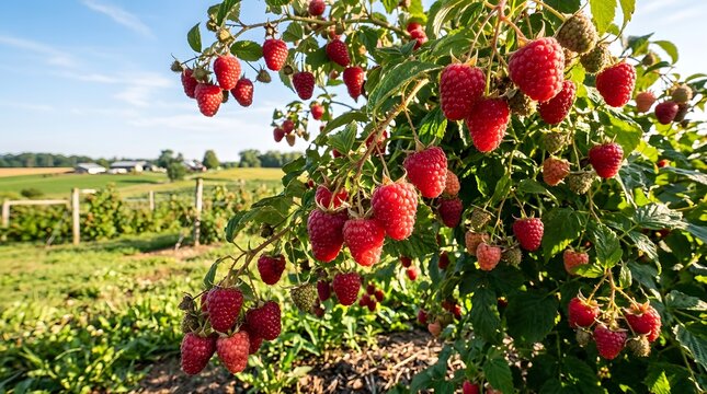 Ripe raspberries growing on the branch of a lush green bush in a farm field on a sunny day.