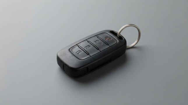 A black electronic car key fob with buttons and a metal keyring, resting on a smooth, neutral gray surface