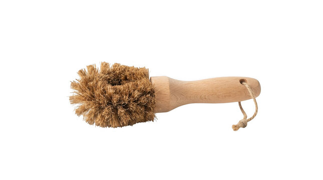 Natural wooden scrubbing brush with sisal bristles isolated on transparent background for eco-friendly cleaning