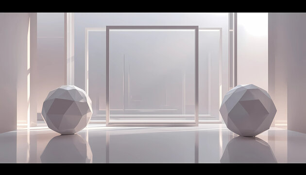 Modern minimalist white interior scene with polygonal geometric spheres and frames geometric shapes polygonal balls modern design architecture geometric