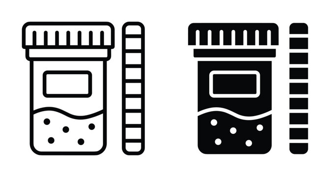 Medical specimen container icon set with test strip for urine or stool sample analysis in laboratory diagnostic testing procedures