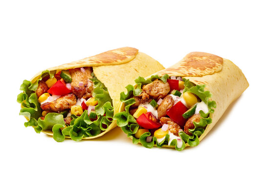 Two chicken lettuce wraps with grilled chicken diced tomato cucumber and creamy sauce on white background, with wrap, chicken, lettuce, tomato detail, showing cucumber, tortilla, grilled, diced