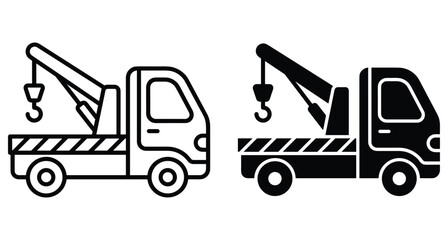 Fototapeta premium Tow truck icon set featuring outline and solid black silhouette designs for vehicle recovery roadside assistance and automotive transport services