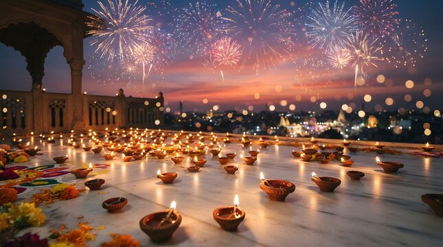 Diwali celebration with traditional oil lamps and fireworks over a city skyline at sunset