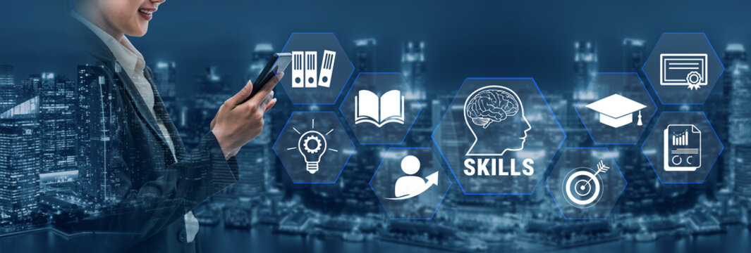 Professional woman using smartphone with icons representing learning, skills development, and achievement in a modern city backdrop at night. Glyphic.