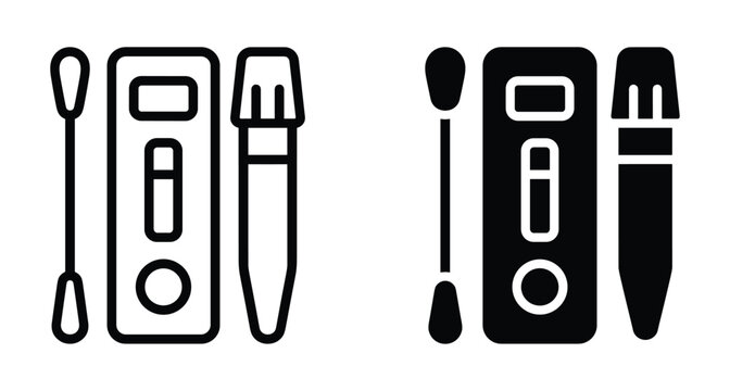 Rapid antigen test kit icons featuring medical swab cassette and buffer tube in outline and solid black glyph style designs