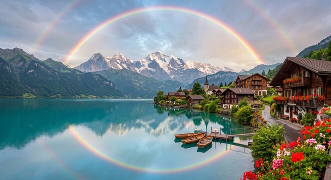 Beautiful full rainbow over traditional alpine village and lake