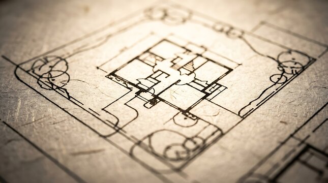 Vintage architectural floor plan sketch on textured paper