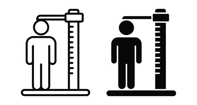 Height measurement icon set showing human figure standing by stadiometer scale for medical checkup physical exam growth tracking and health assessment