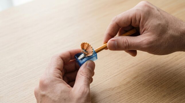 Hands sharpening a yellow wooden pencil with a small blue plastic sharpener