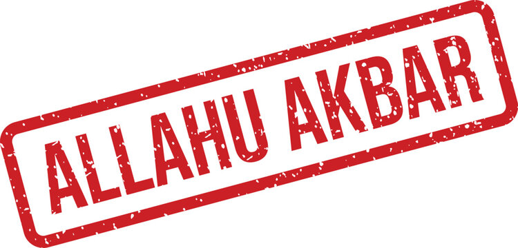 A grunge textured red rectangular rubber stamp displays the powerful phrase ALLAHU AKBAR on a clear white background