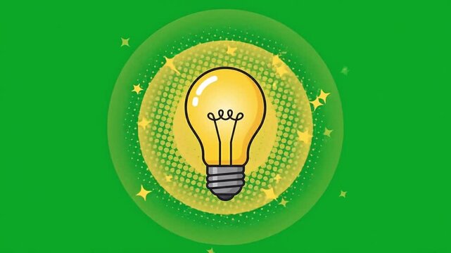 Comic Book Light Bulb Idea Animation Turning On with Comic Burst Effect on Green Screen Chroma Key Background