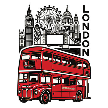 London travel poster illustration featuring a classic red double-decker bus against a silhouette skyline including Big Ben. Perfect for UK tourism souvenirs and city branding.
