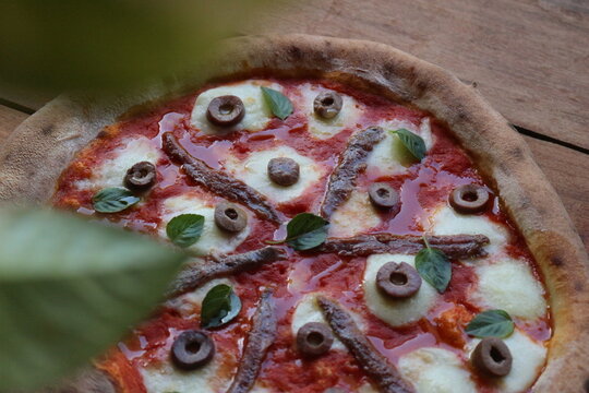 Pizza artesanal vista parcialmente de cima, coberta com molho de tomate, queijo derretido, azeitonas verdes e pretas fatiadas e folhas de manjeric&atilde;o. A borda dourada e assada da massa aparece em desta