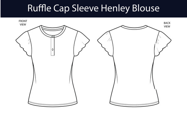 Ruffle cap sleeve henley blouse technical fashion illustration. Ruffle armhole knit top vector template, front and back view, womens apparel and CAD design