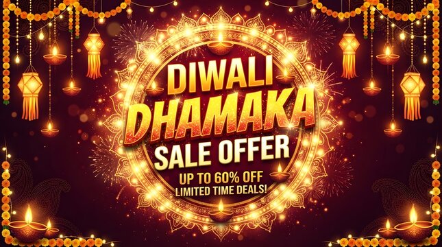 Diwali dhamaka sale offer banner with glowing diya lamps, hanging lanterns, marigold flowers, and fireworks on a dark festive background