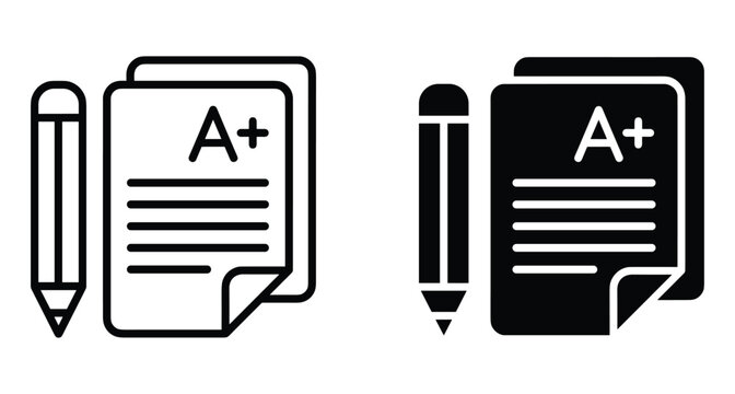 Exam paper with A plus grade and pencil icon set in outline and solid style for education and school success