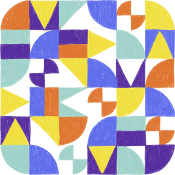 Abstract Geometric Seamless Pattern with Hand Drawn Crayon Texture and Bright Colorful Shapes isolated as a high quality PNG