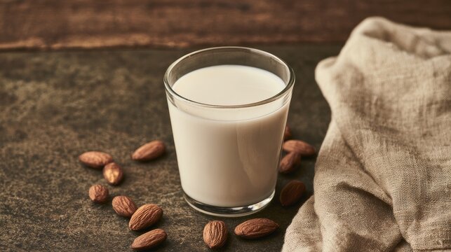 Healthy almond drink rests on surface
