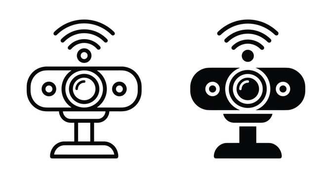 Wireless webcam icon set featuring outline and solid styles with signal symbol for video conferencing streaming and digital communication technology