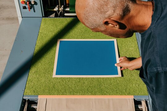 Man aligning a blue print plate on a large format printer, featuring sharp lighting and industrial textures for commercial printing and professional graphics services