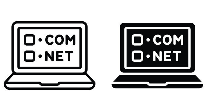 Laptop computer icon set showing domain name registration options for dot com and dot net web hosting and internet services