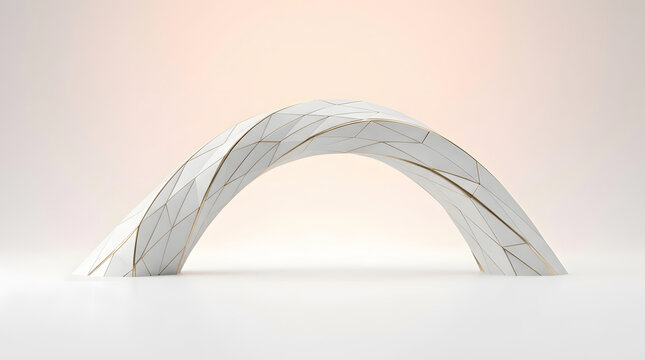 Futuristic 3D rendered white and gold geometric arch structure featuring triangulated polygonal panels for luxury product showcase on soft warm studio background