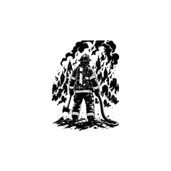 Fototapeta premium Firefighter Fighting Wildfire in Forest Emergency Rescue Silhouette