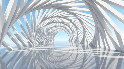 Naklejka premium Futuristic white parametric architectural tunnel with spiraling geometric arches, glossy reflective floor, and clear blue sky background in a 3D digital render.