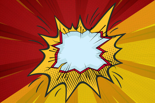 Dynamic comic book explosion background featuring a blank speech bubble, bold red and yellow radial rays, halftone texture, and energetic pop art effects. Ideal for comic panels, posters, advertisemen