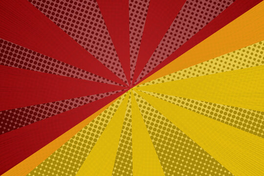 Bold red and yellow comic book background featuring a dynamic radial burst, halftone dot pattern, and retro pop art design.