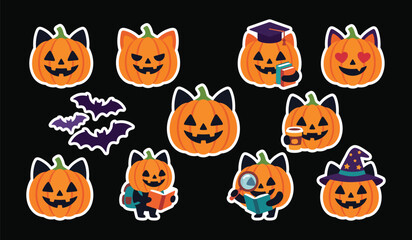 Fototapeta premium Cute cat pumpkin vector sticker collection for halloween and autumn themes with cute jack olantern vector set cartoon character autumn theme holiday stickers cat costume reading book art