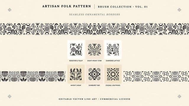 Seamless artisan folk pattern borders with ornamental motifs isolated on a transparent background