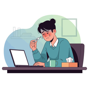 Sick Person Working From Home Feeling Ill And Checking Temperature